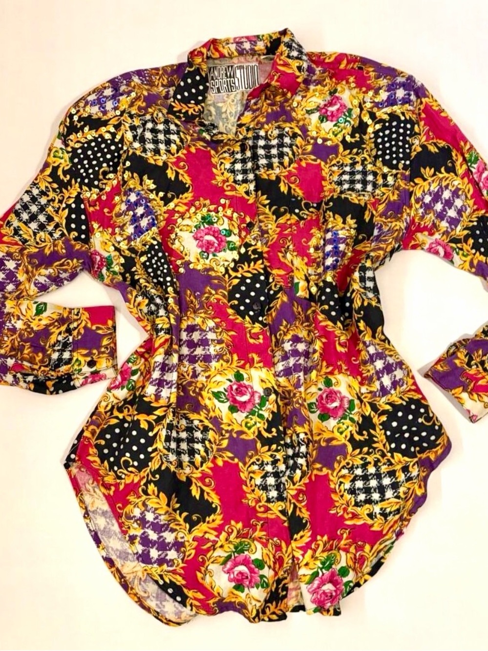 Vintage Andrew Sports Studio Patchwork Sequin Baroque Floral Shirt Small 80s 90s